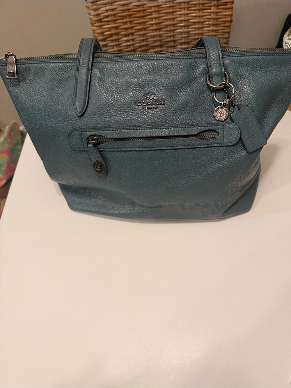 Coach Taylor Tote  Teal Pebbled Leather  Shoulder Bag Gunmetal Hardware EUC